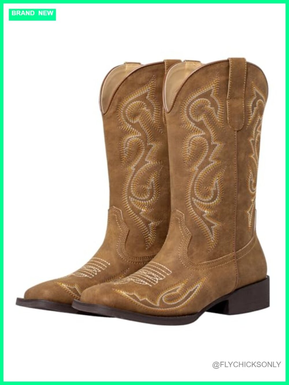 Womens Square Toe Cowboy Boots Mid Calf Wide Calf Pull On Faux Leather Western